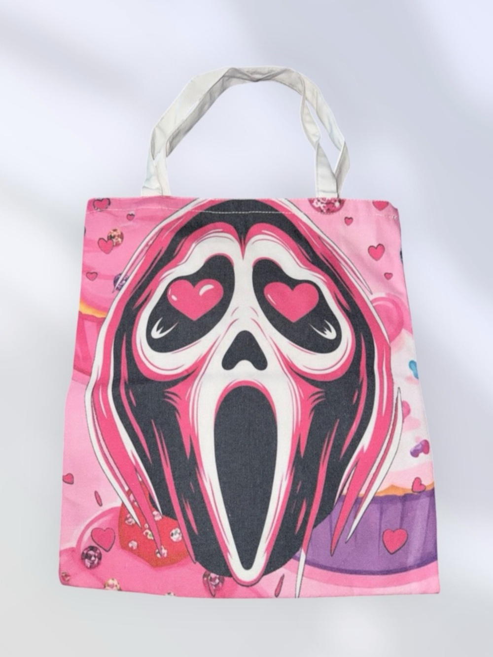 Pink Scream Graphic Canvas Tote Bag with Heart-Eye Mask Design New